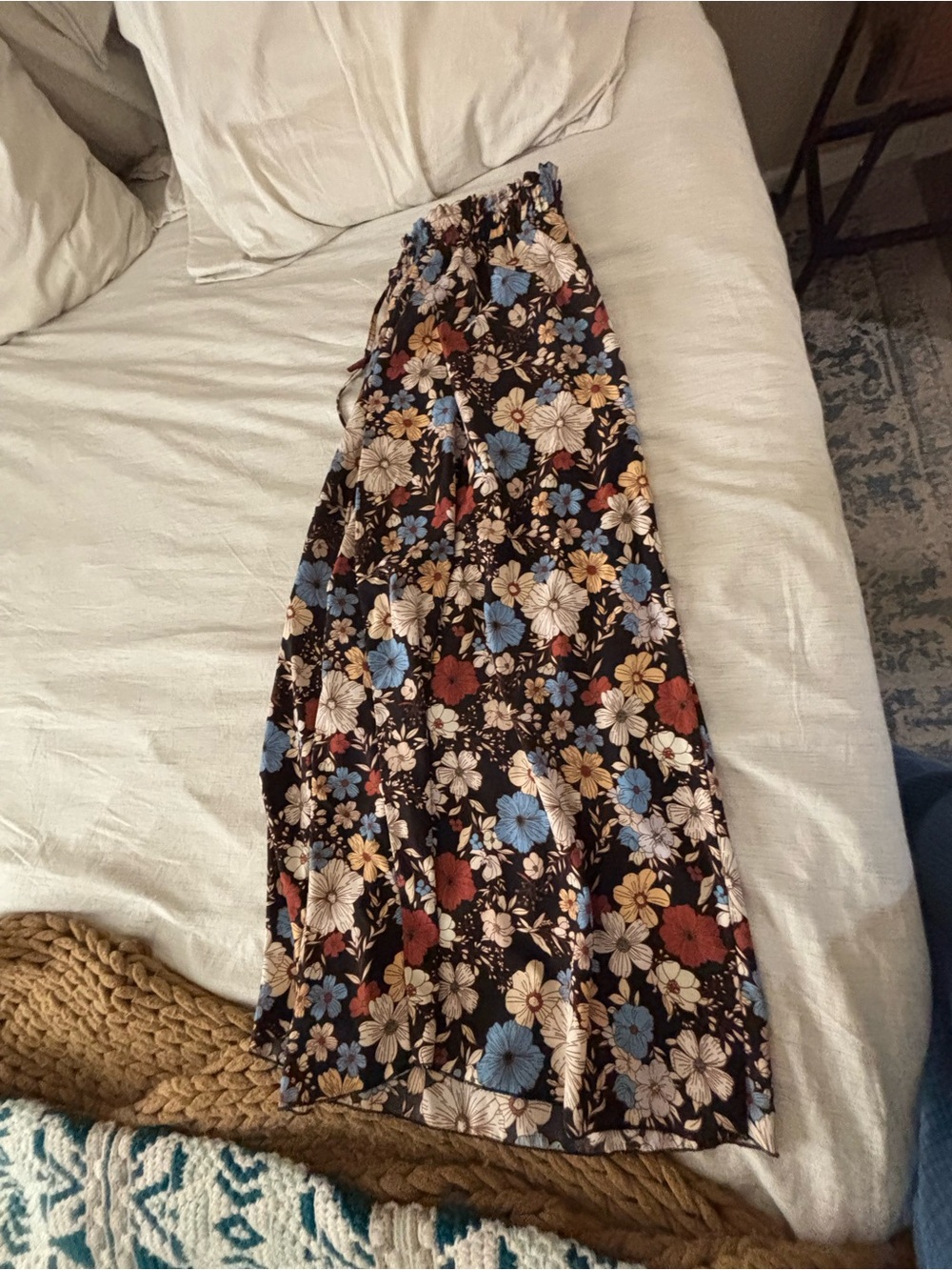 SHEIN Black Wide-Leg Floral Pants with Blue, Rust & Cream Blooms